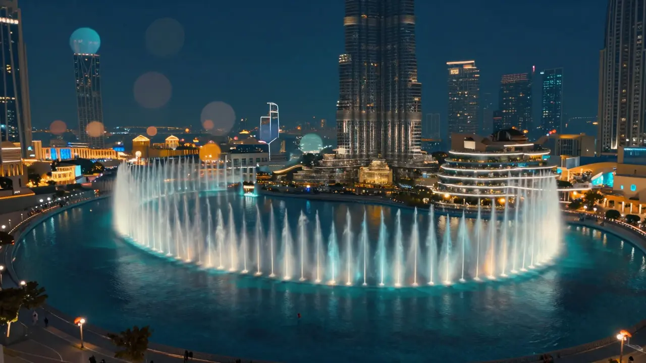 Bird’s-eye view of the Dubai Fountain as a glowing ribbon of light on the lake, with the city skyline stretching beyond.