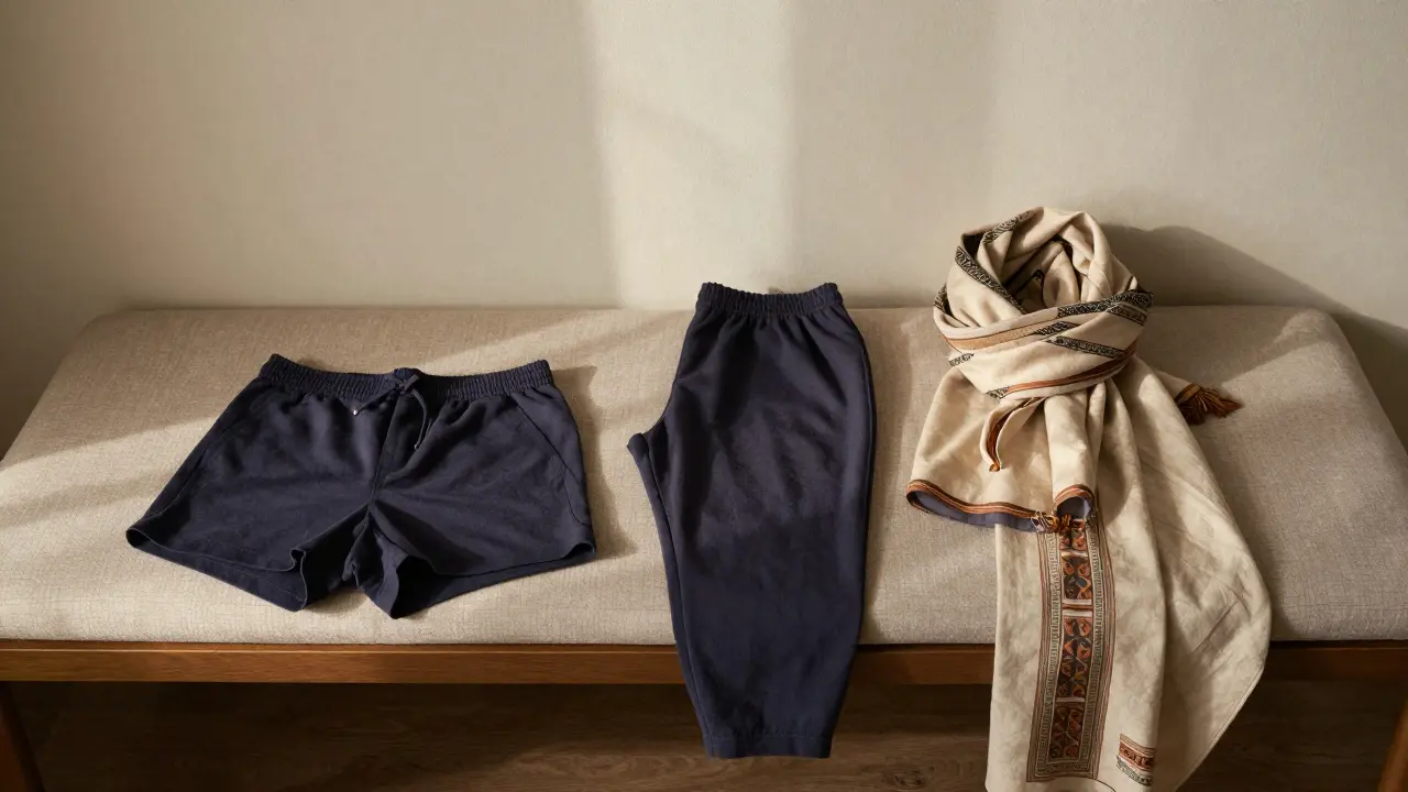 Clothing laid out on a hotel bench showing modest options replacing revealing items.