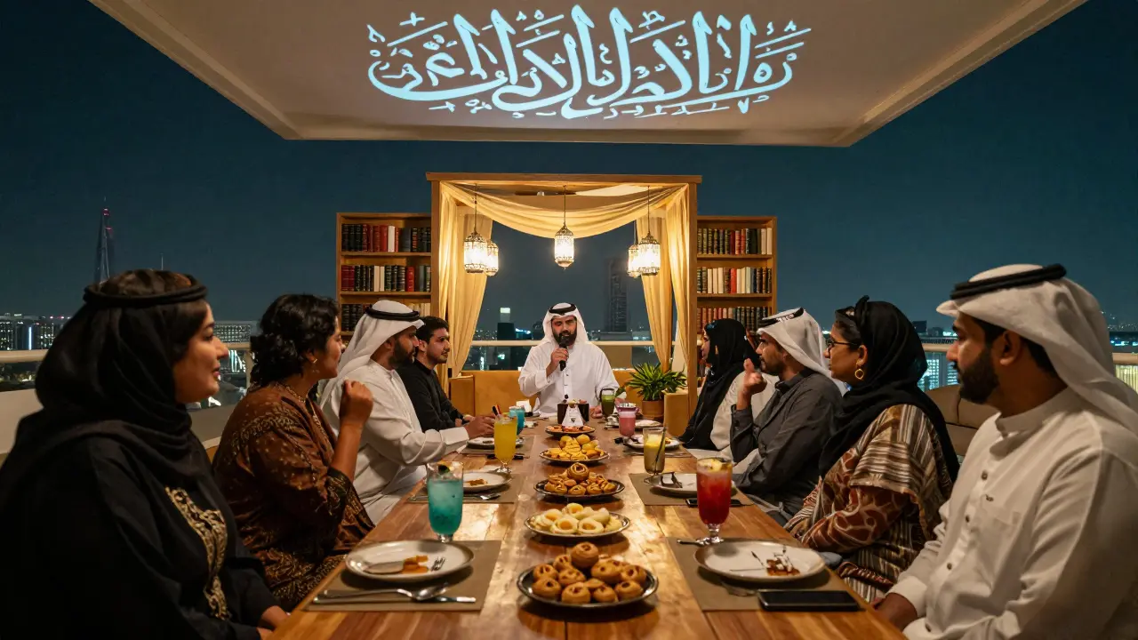 Cultural rooftop gathering with Arabic calligraphy, poetry, and Emirati desserts under lantern light.