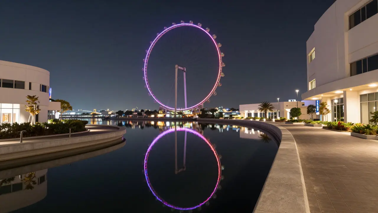 Dubai Eye wheel glowing at night with perfect water reflection and modern buildings
