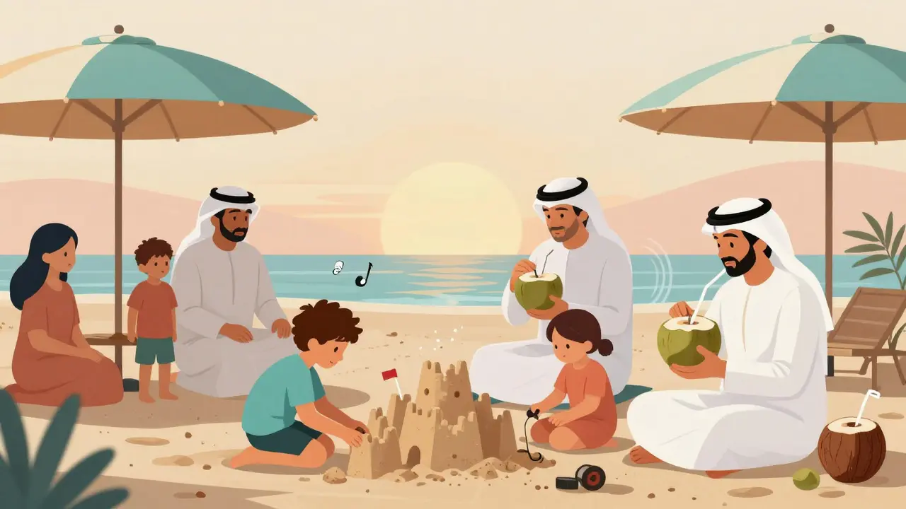 Families enjoying a quiet evening at Beachcomber with children building sandcastles and coconut water served in coconuts.