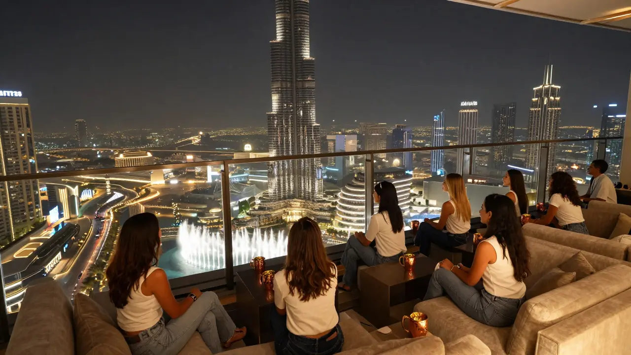 Friends enjoying cocktails with a breathtaking view of Dubai's skyline from a high-rise lounge.