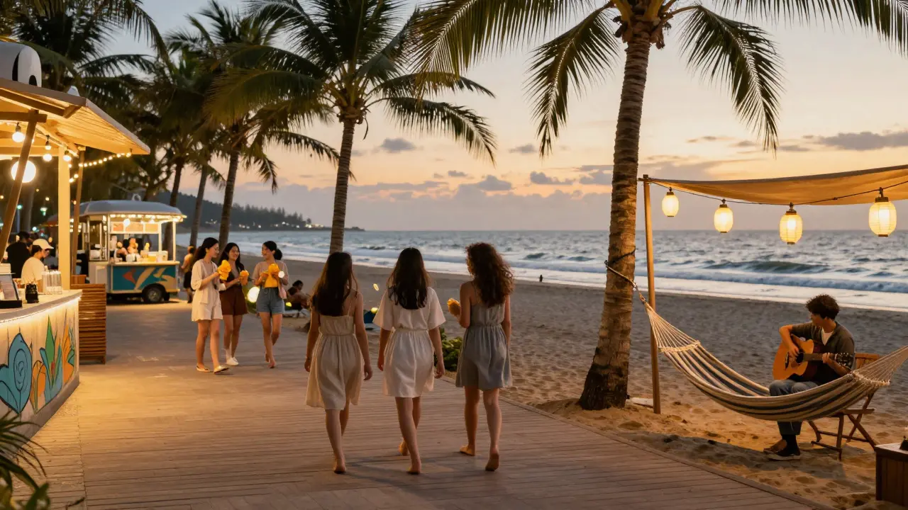 Girls walking barefoot on a lit beach boardwalk at dusk, sharing sorbet under string lights.