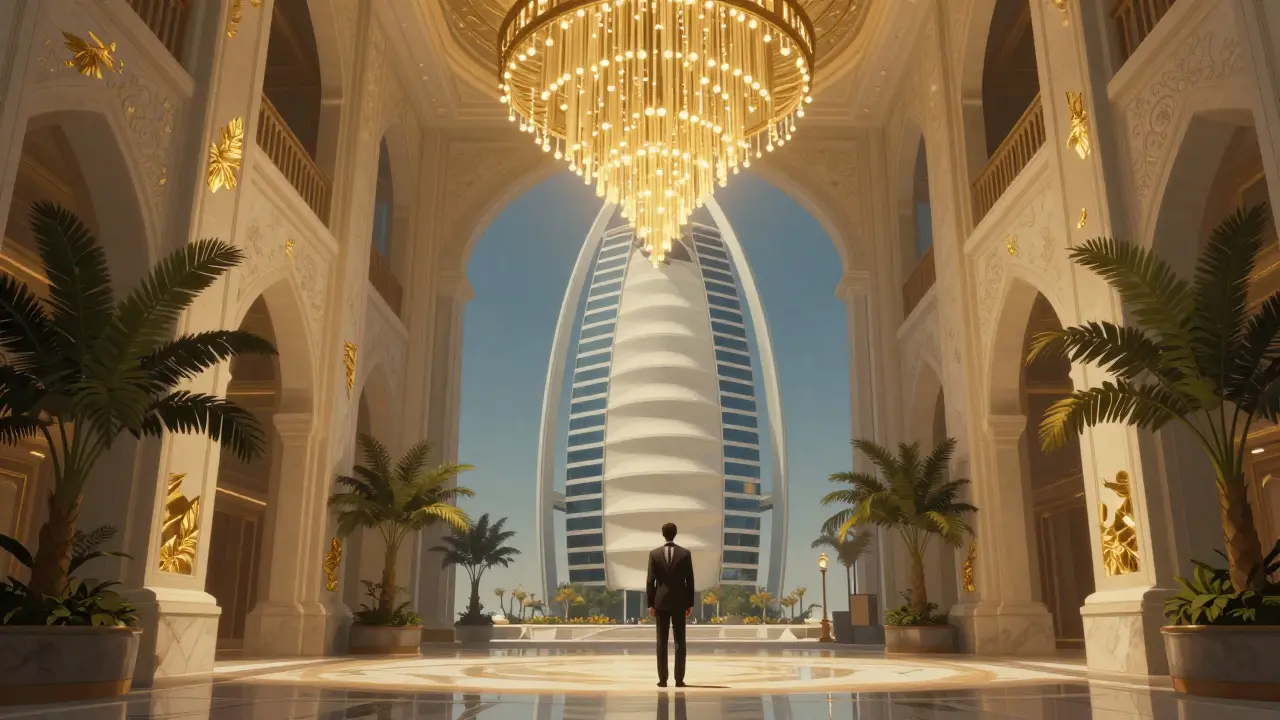 Grand atrium of Burj Al Arab with massive gold-leaf chandelier and soaring marble interior.