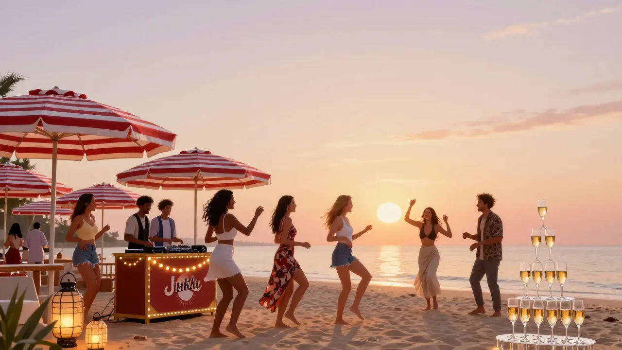Group of women dancing on the sand at Nikki Beach Dubai under golden hour lights and string lanterns.