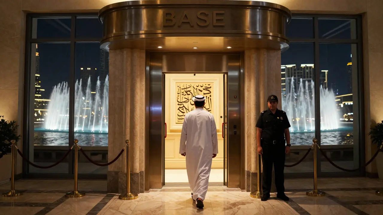 Guest stepping into BASE Dubai at night, velvet entrance, Burj Khalifa and Dubai Fountain visible through glass walls.