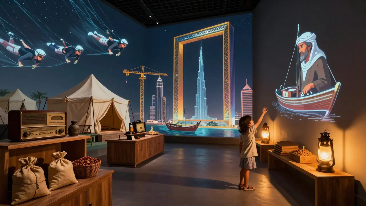 Immersive museum tunnel showing holograms of Dubai's transformation from fishing villages to modern city.