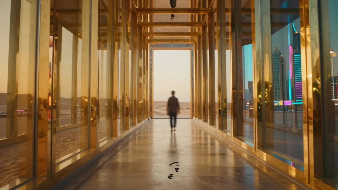 Infinite mirror reflections inside the Dubai Frame, symbolizing the connection between past and present.