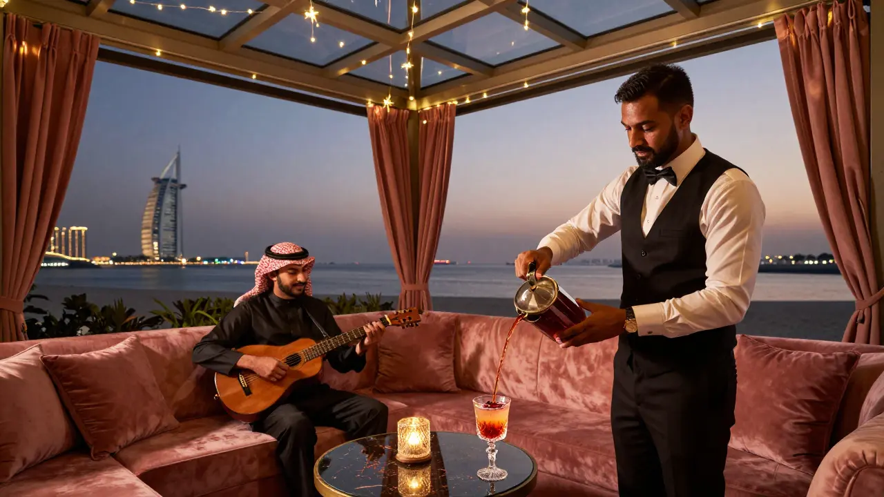 Intimate rooftop cabana with fairy lights and a butler serving a custom cocktail under a twilight sky.
