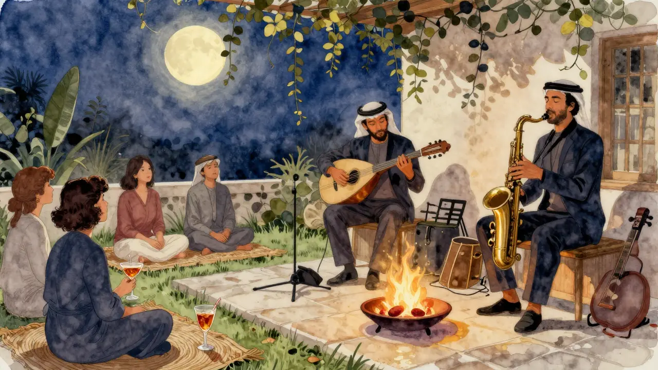 Live Arabic jazz performance with oud and saxophone under moonlight, guests seated quietly on rugs beside fire pits.