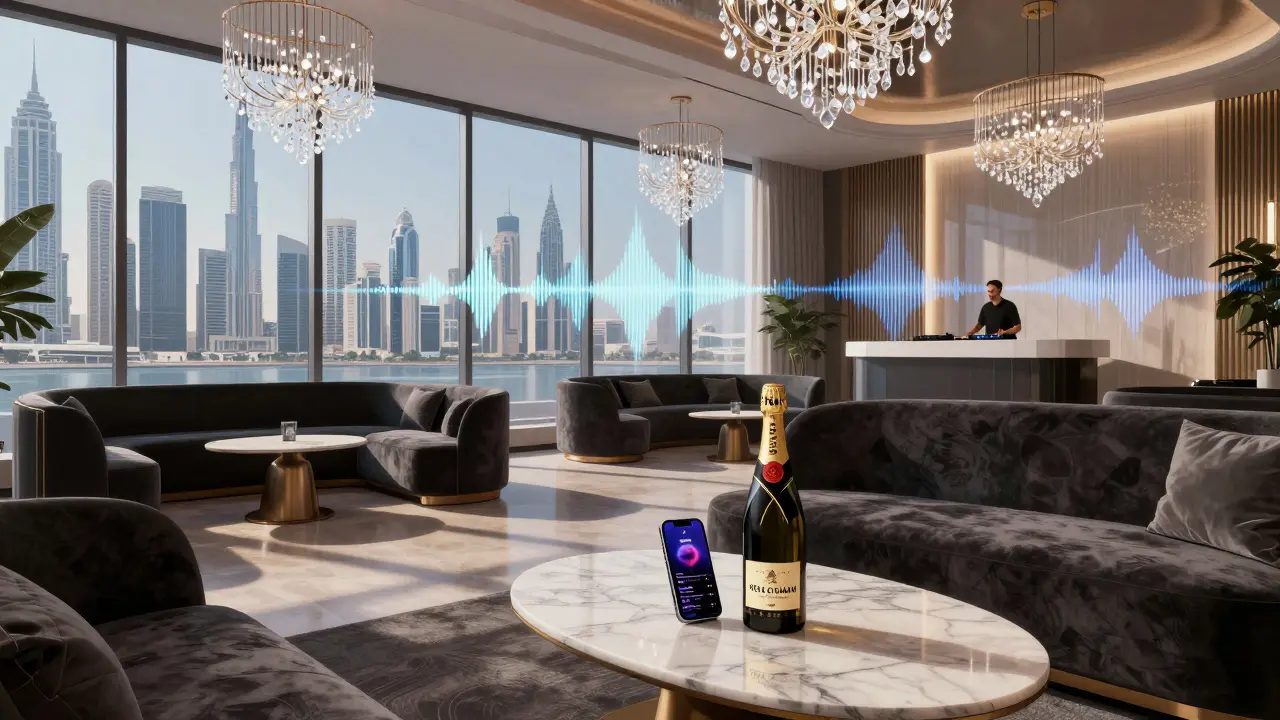 Luxurious VIP lounge inside BASE Dubai with skyline views, champagne bottle, and ambient lighting.