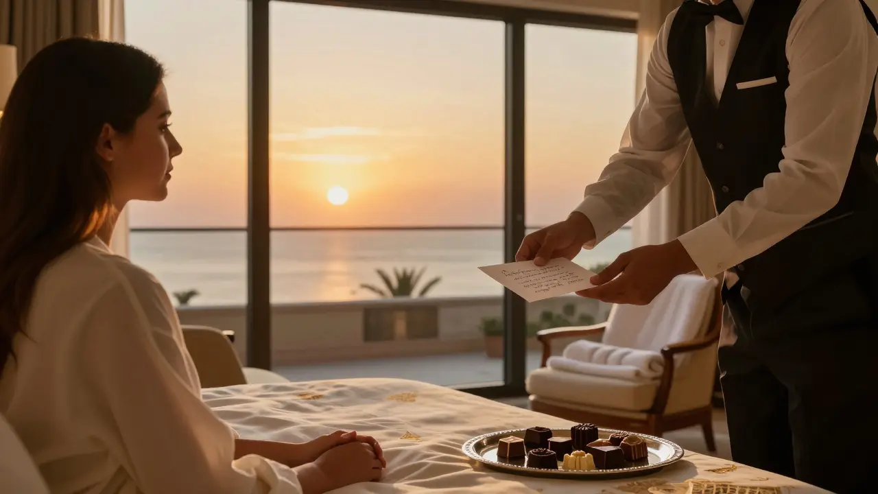 Luxury suite with butler delivering a note, panoramic ocean view, handcrafted details in soft golden light.