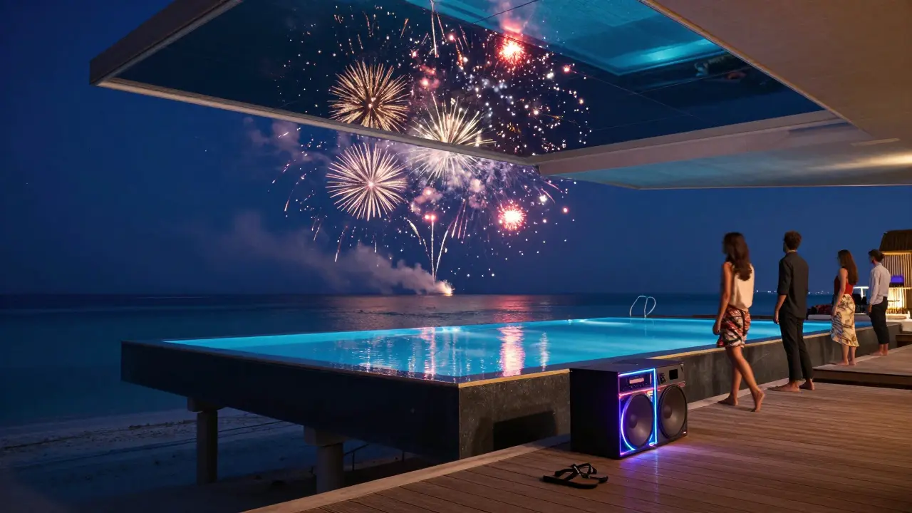 Midnight fireworks over Cielo Beach's floating pool with dancers on wooden decks under a mirrored starry ceiling.
