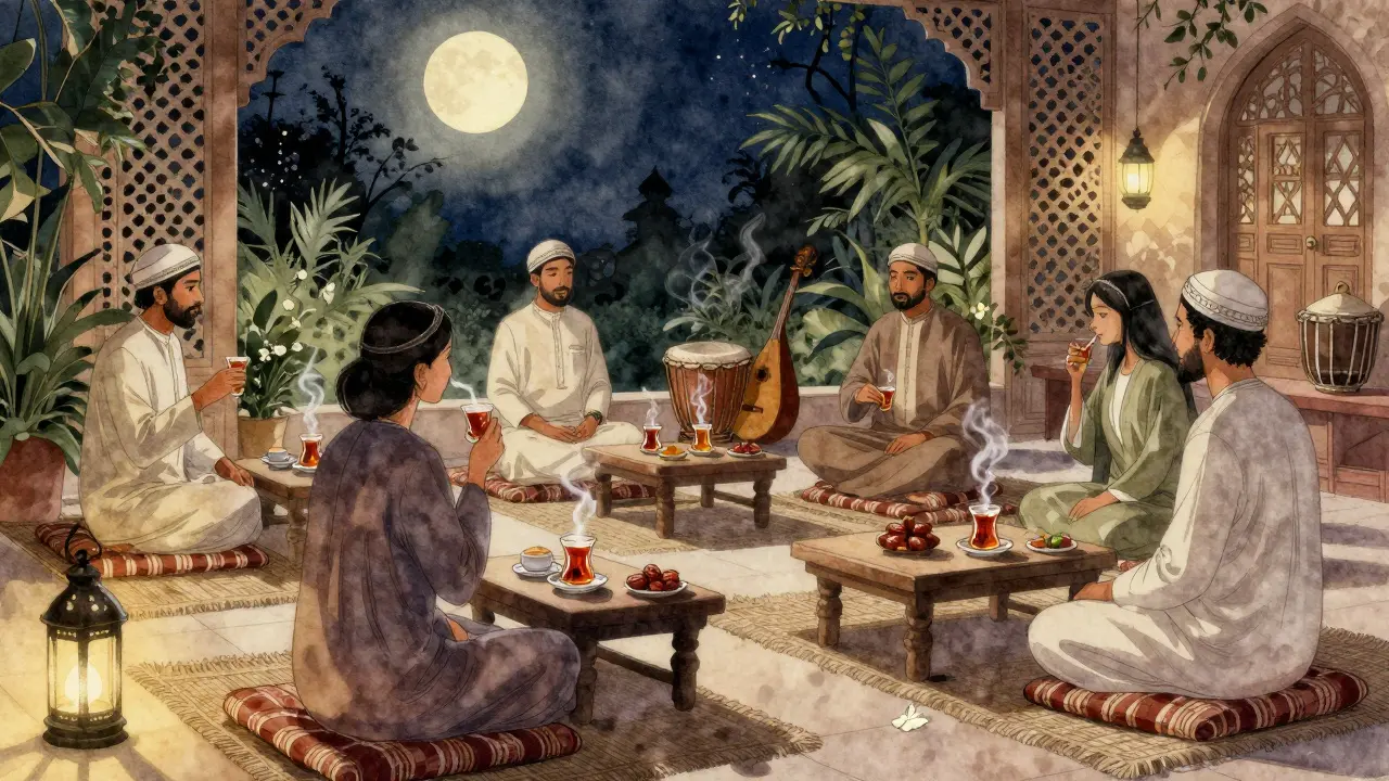 Midnight tea ritual under lanterns with Emirati tea, dates, and woven textiles in a quiet garden setting.
