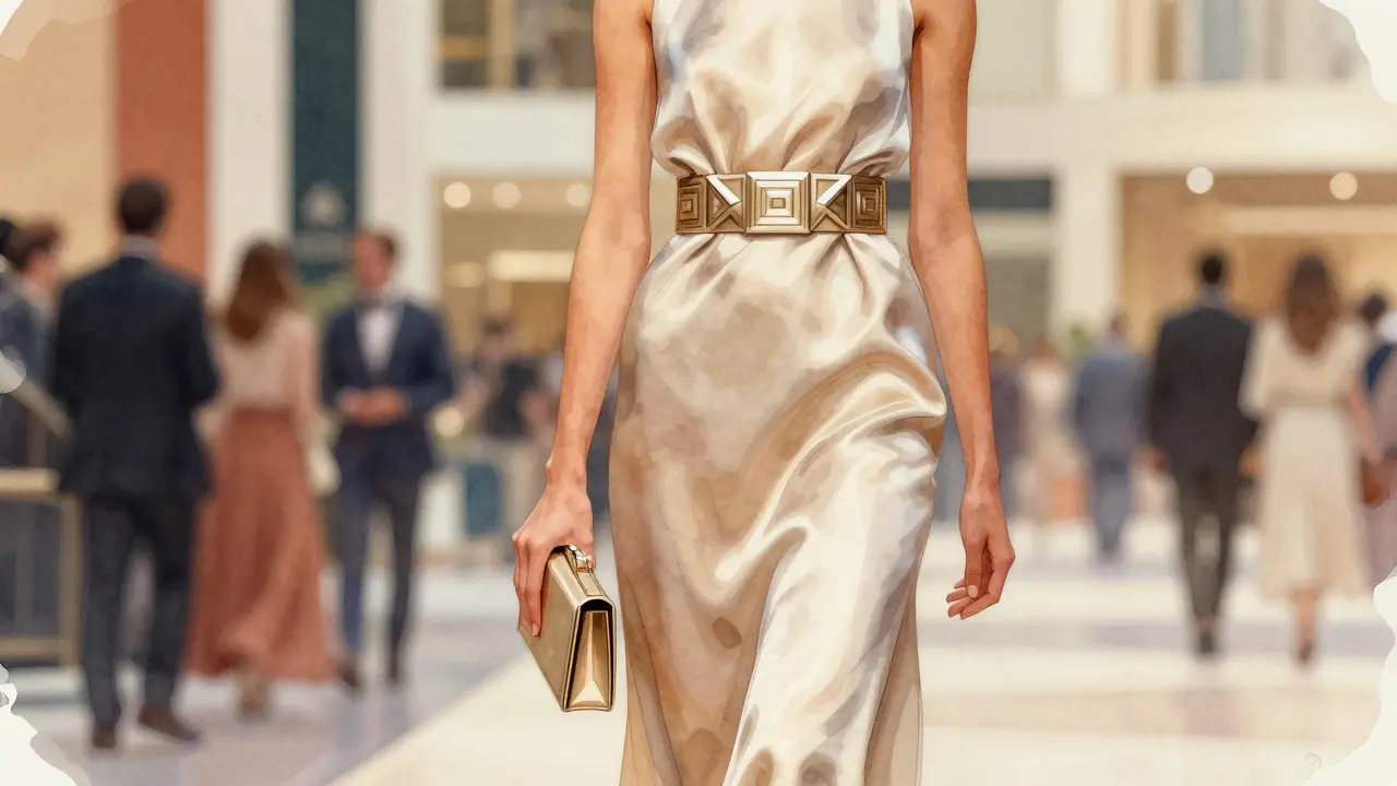 Model in elegant silk gown with metallic belt, surrounded by warm neutral tones representing seasonal fashion trends.