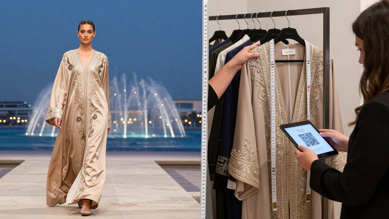 Same outfit shown on runway and in pop-up store, with customer scanning QR code for instant purchase.