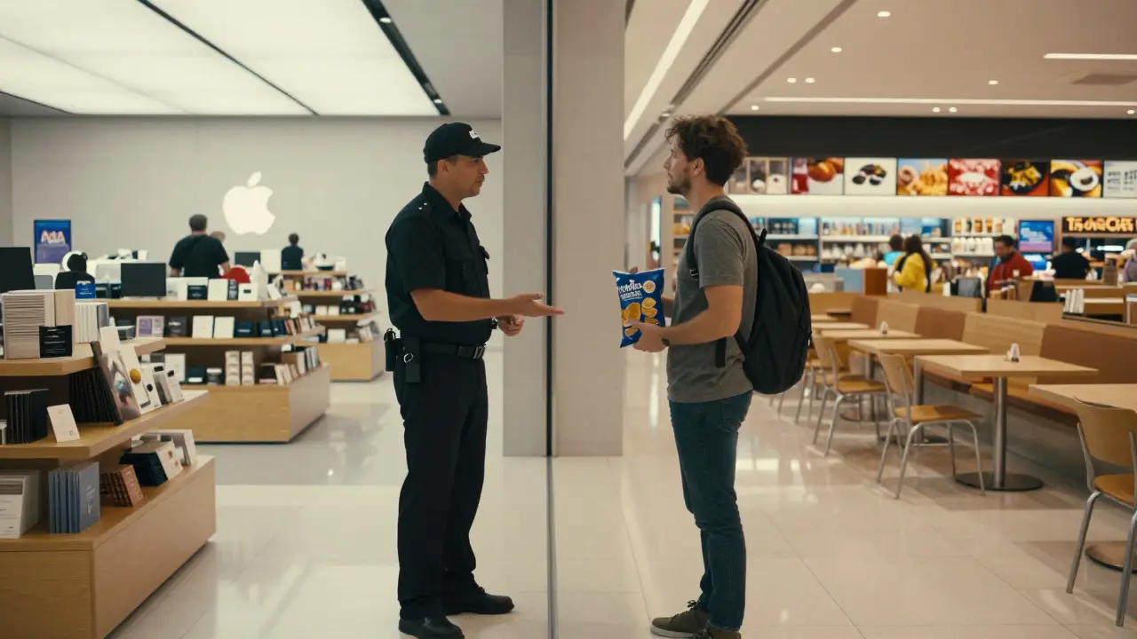 Security staff guiding a tourist to the food court from a shopping aisle.