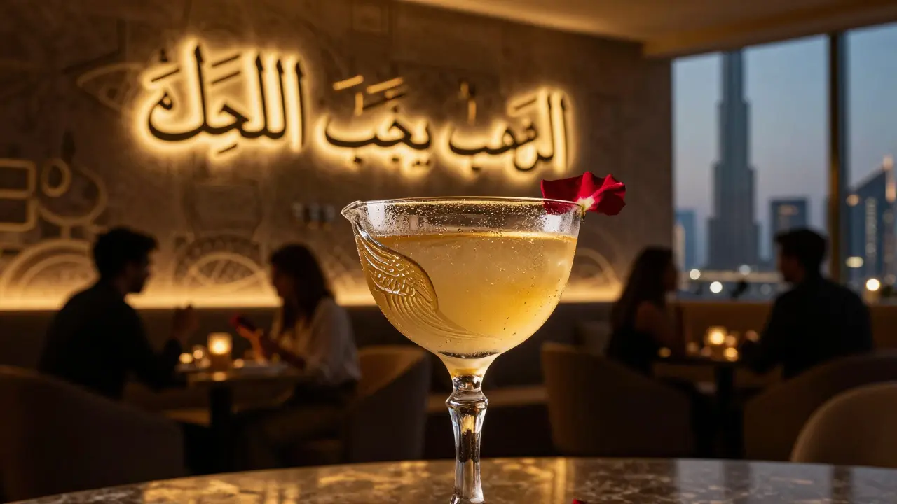 Signature Sahara Sky cocktail in a falcon-wing glass beside Arabic calligraphy wall, soft golden lighting, quiet ambiance.