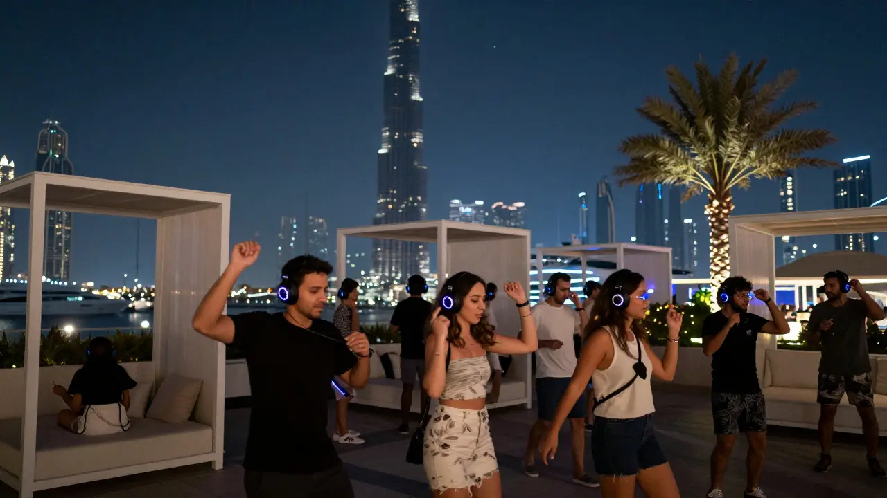 Silent Disco on BASE Dubai's rooftop terrace under stars, guests dancing with headphones, yachts glimmering below.