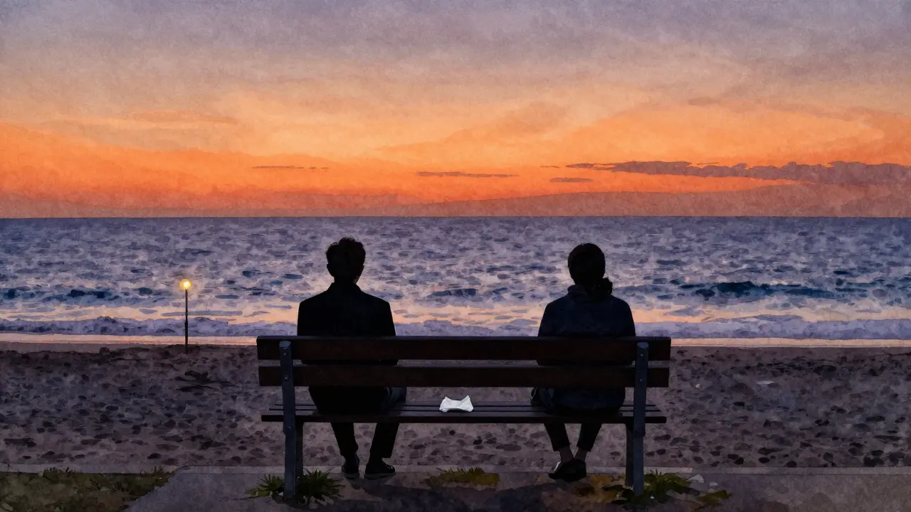 Silhouettes on a beach bench at sunset, separated by an untouched napkin, facing the ocean.