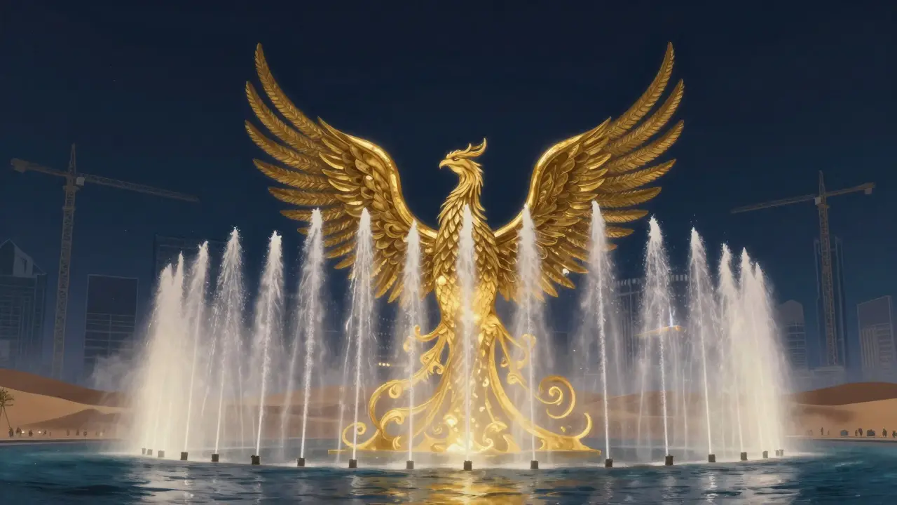 Symbolic image of water jets forming phoenix wings and desert dunes, representing Dubai’s ambition and transformation.