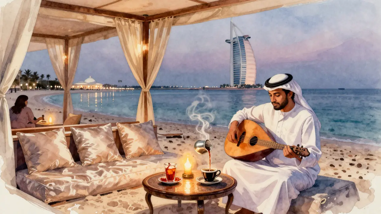 Tranquil evening at Zabeel Saray Beach with Arabic coffee, silk cushions, and calm water under twilight.