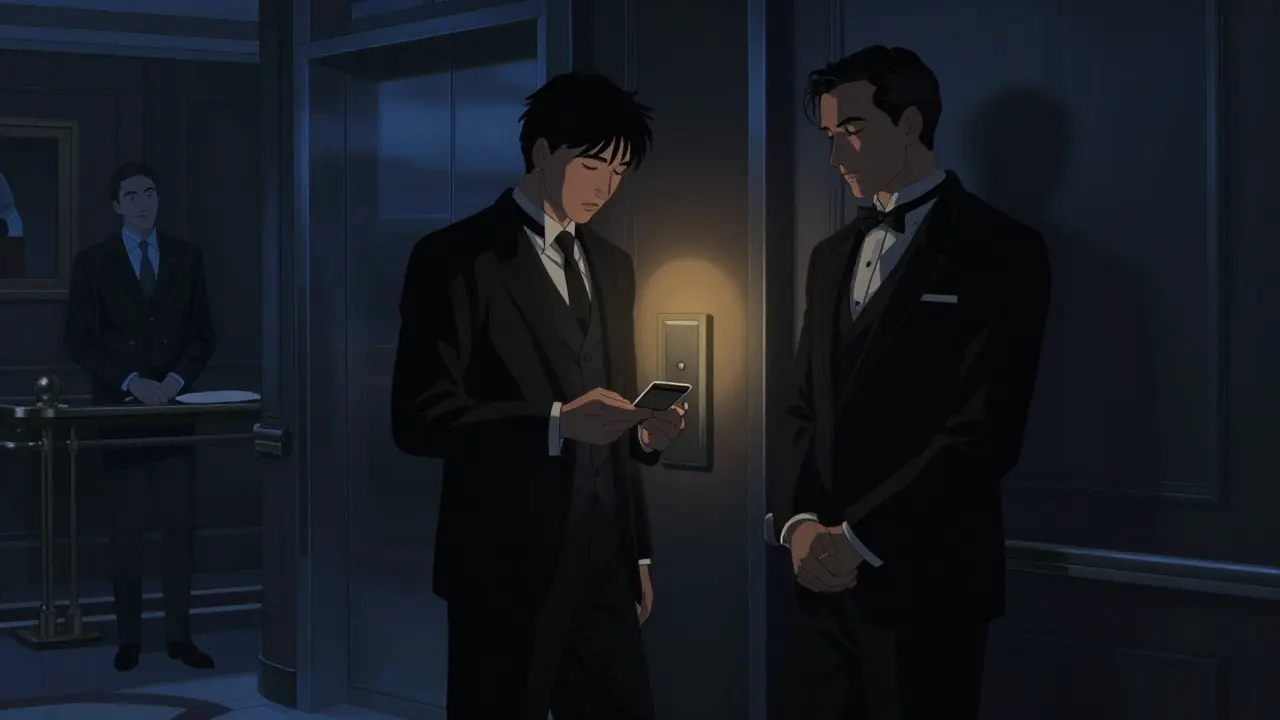 Two elegant figures in a luxury hotel lobby at midnight, facing an elevator with no visible floor numbers.