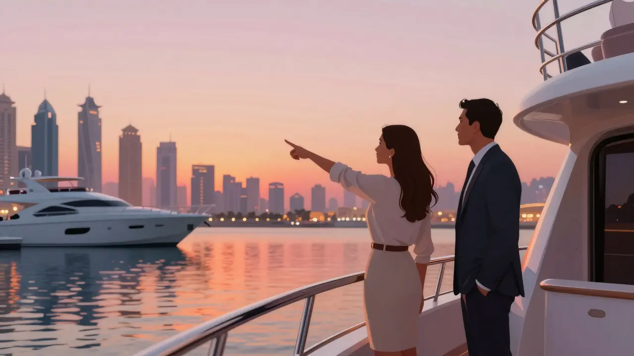 Two people stand on a private yacht at dusk, gazing at the Dubai Marina sunset without touching, in calm companionship.