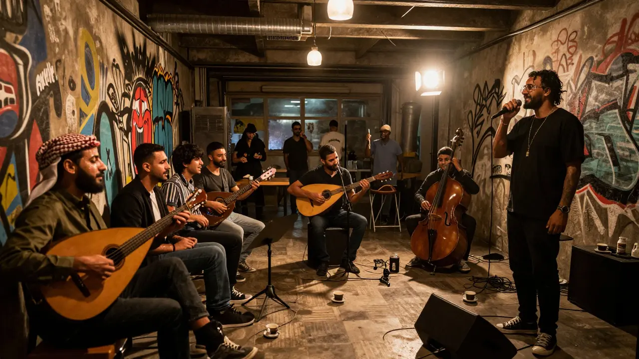 Underground music performance in Alserkal Avenue blending Arabic and jazz sounds.