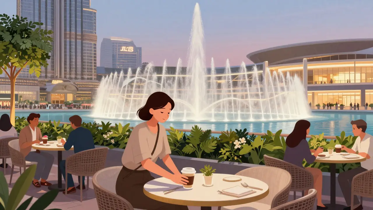 Visitor sitting at a terrace table with coffee, enjoying the fountain display.