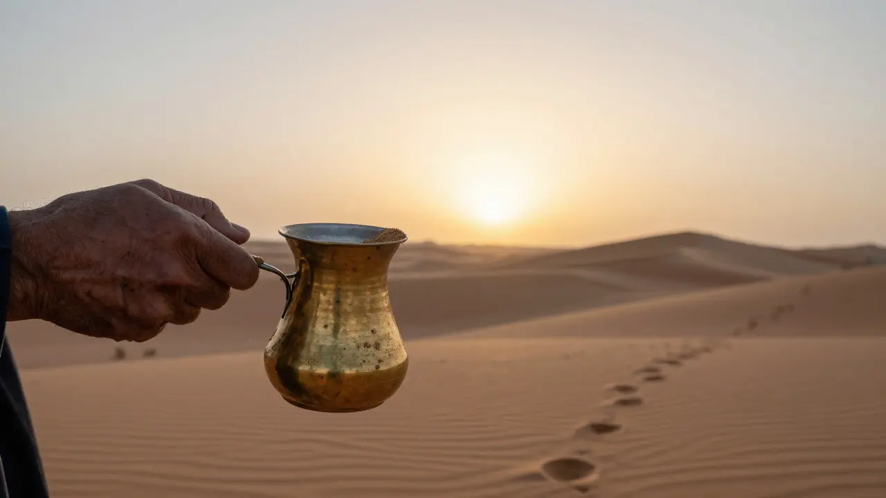 Weathered hands pouring Arabic coffee at dawn, sand on the pot, desert horizon glowing behind.