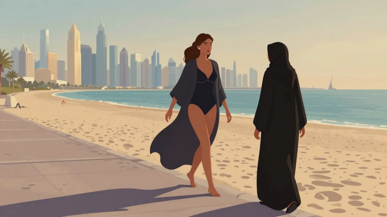 Woman transitioning from beachwear to modest attire on a sidewalk with Dubai's skyline in the background.