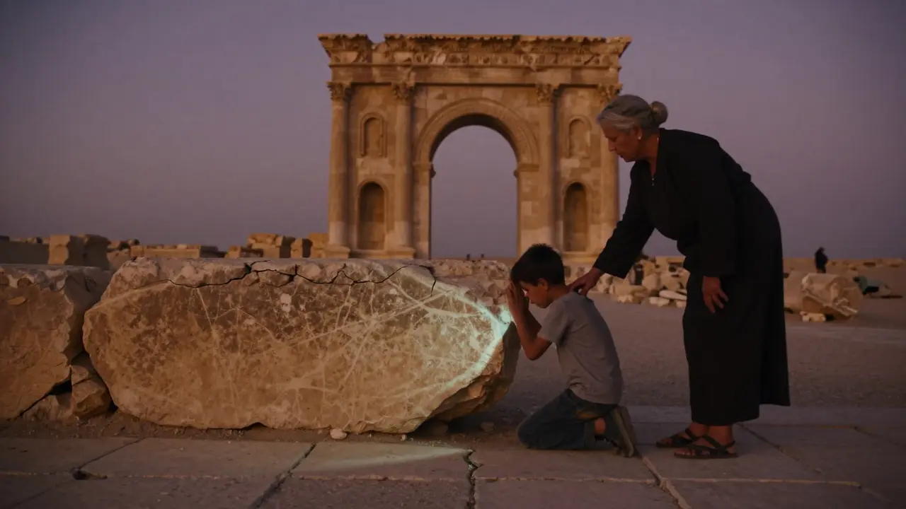 A boy listens to a whispering stone in Palmyra’s ruins as his grandmother watches at dusk, the last light casting long shadows.