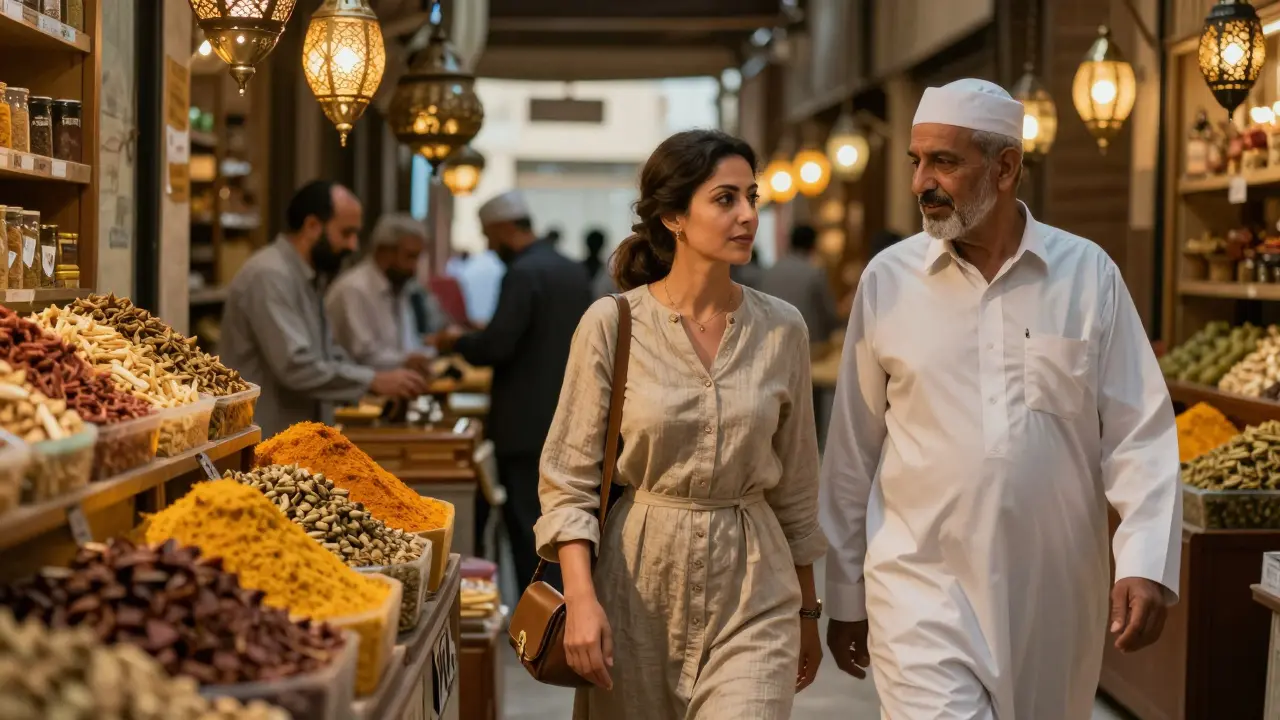 A companion guides a traveler through a vibrant, hidden spice market in Deira, warm lantern light illuminating spices.