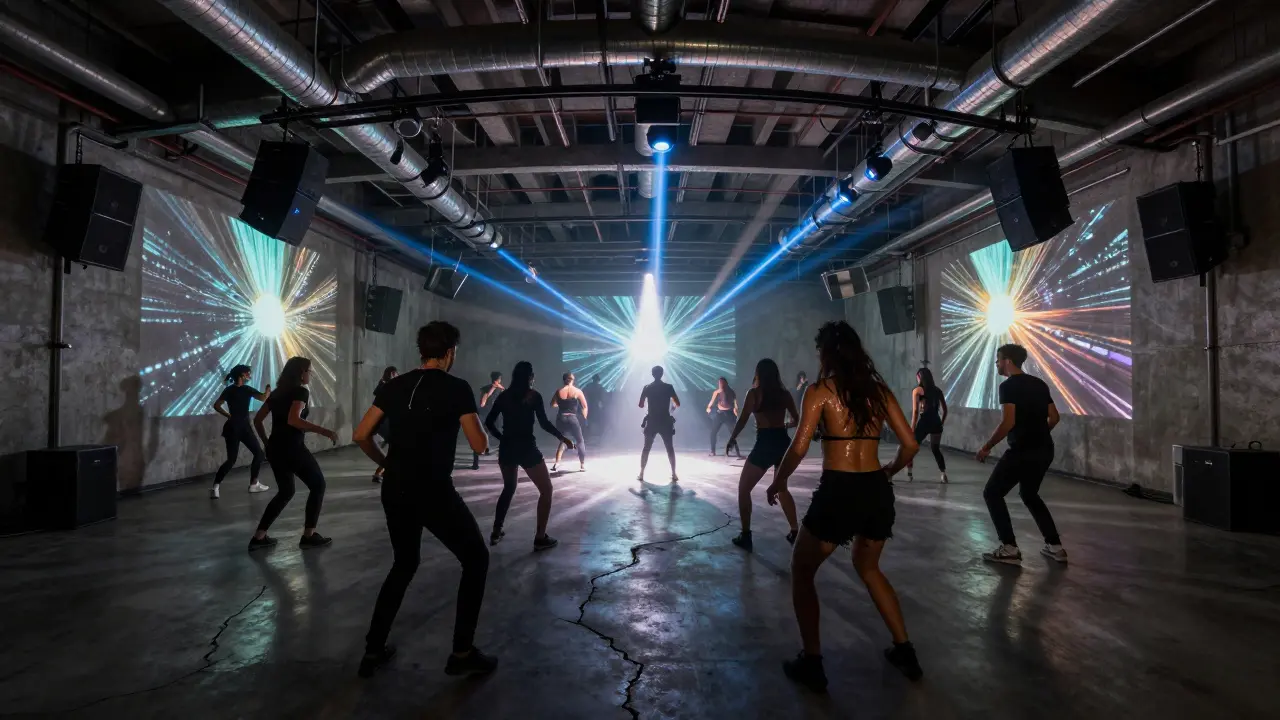 A crowded sunken dance floor with exposed pipes and pulsing neon projections, people dancing to intense bass in a dim industrial club.