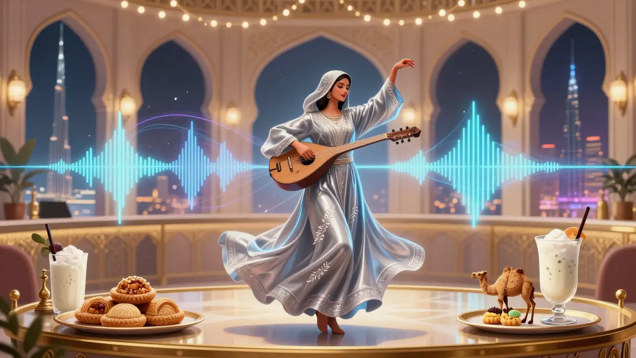 A dancer in a silver-threaded abaya blending traditional Emirati culture with modern electronic music visuals at Cavalli Club.