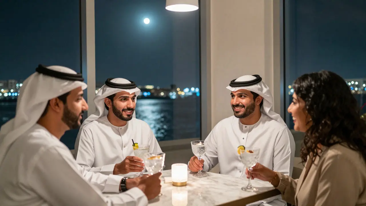 A group of people laughing together at White Dubai, lit by soft white light with marina views in the background.