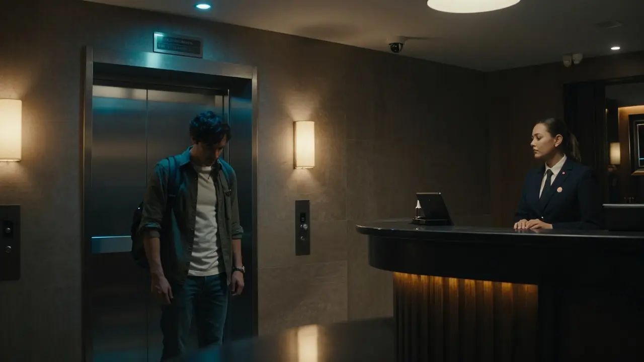 A man hesitates in a hotel lobby under surveillance cameras, staff watching discreetly.