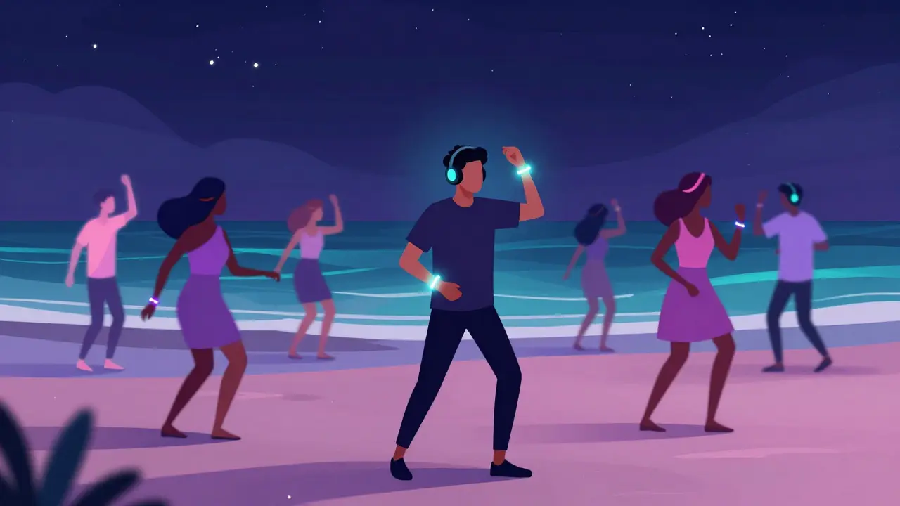 A person dancing alone at a silent disco under the stars, wearing glowing LED bracelets.
