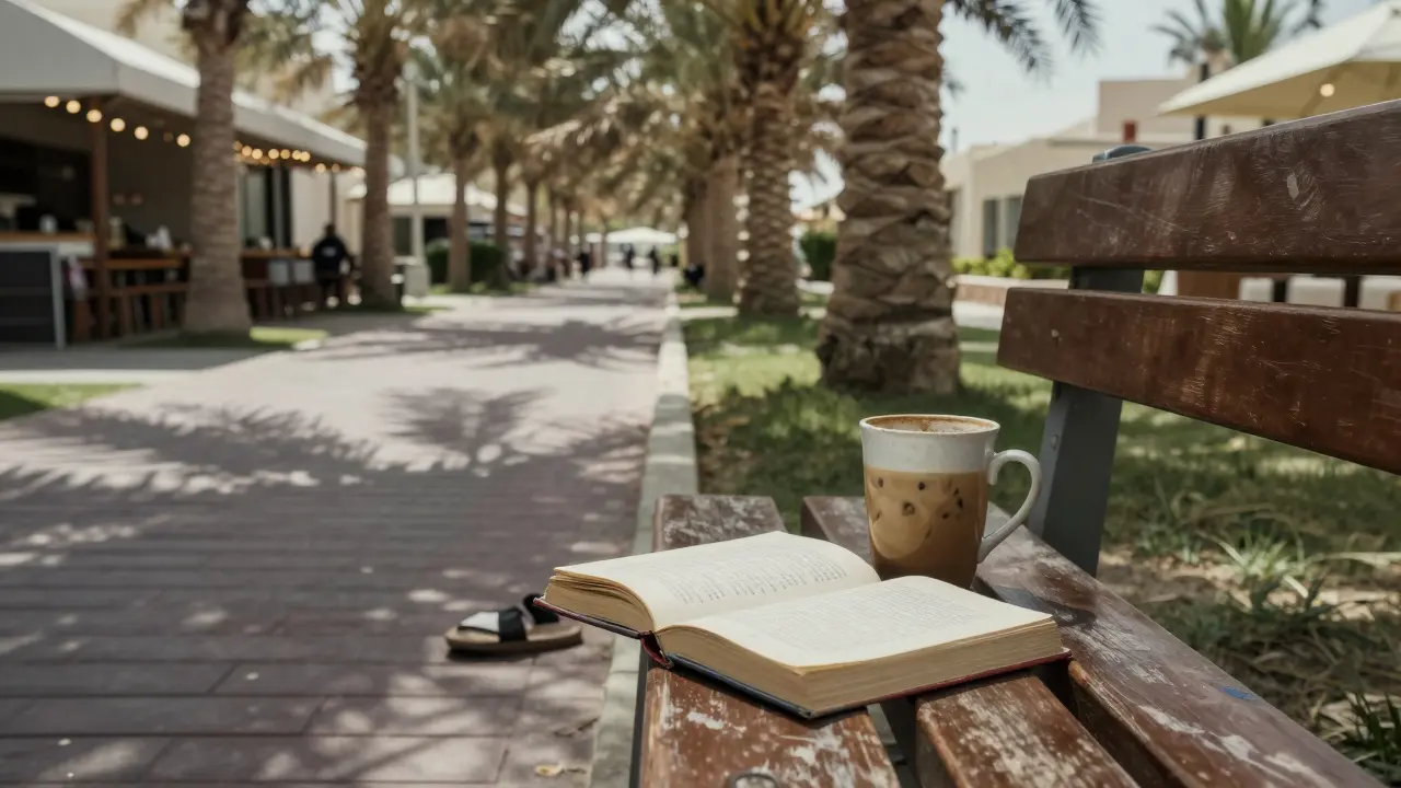 A quiet boardwalk corner on Palm Jumeirah with a book and coffee on a bench under palm trees.