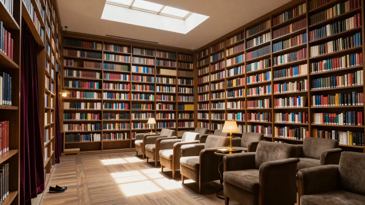 A quiet library with bookshelves and empty armchairs, bathed in soft natural light from skylights.