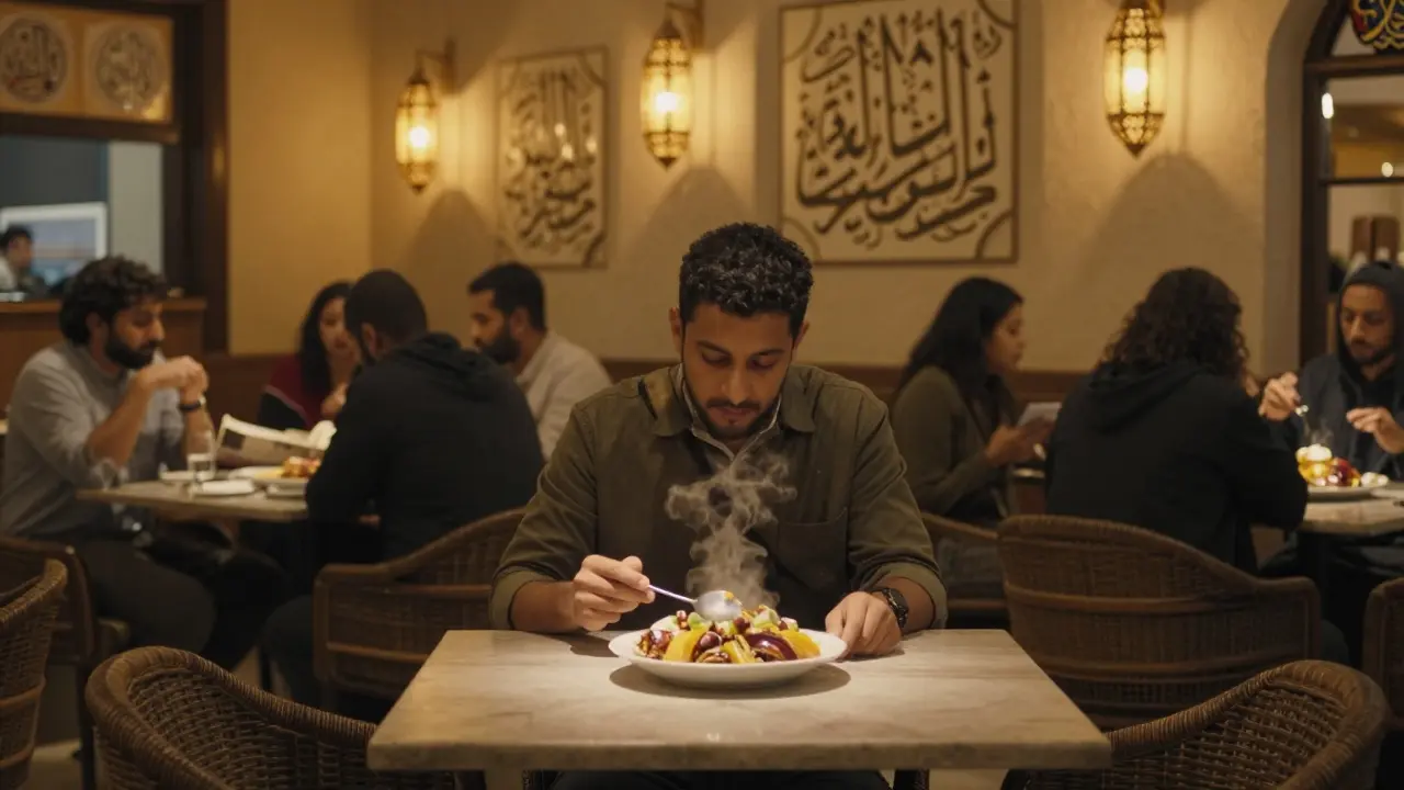 A solo diner at a food hall enjoying Emirati dessert under warm lantern lighting.