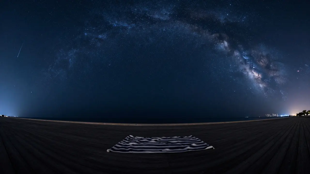 A star-filled night sky over Palm Jumeirah's boardwalk, with a blanket laid out under the Milky Way.