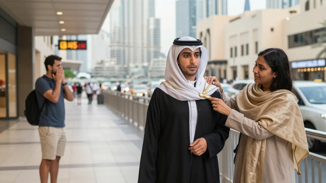 A tourist learns cultural cues from a compassionate companion, transitioning from hesitation to confident attire in Dubai.