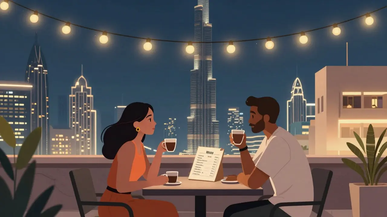 A woman and man converse quietly on a rooftop in Dubai, with the city skyline behind them and an itinerary visible on the table.