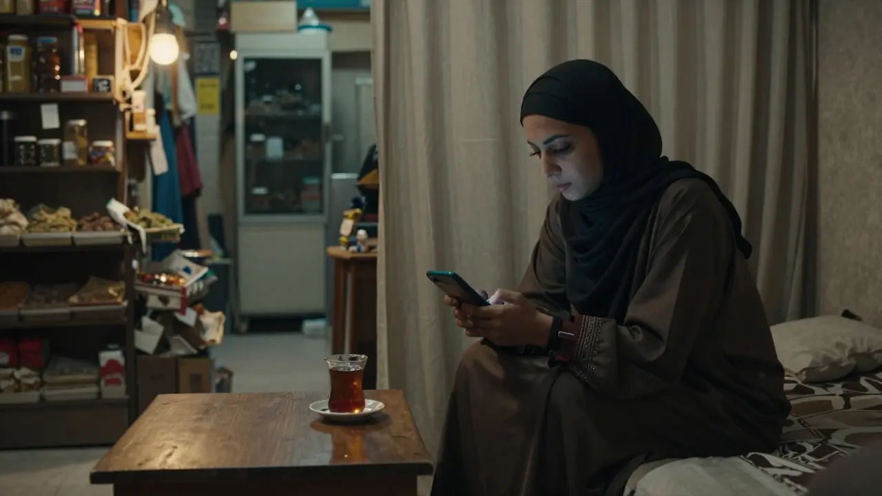 A woman sits alone in a small apartment, holding a hidden passport and a phone, curtains drawn.