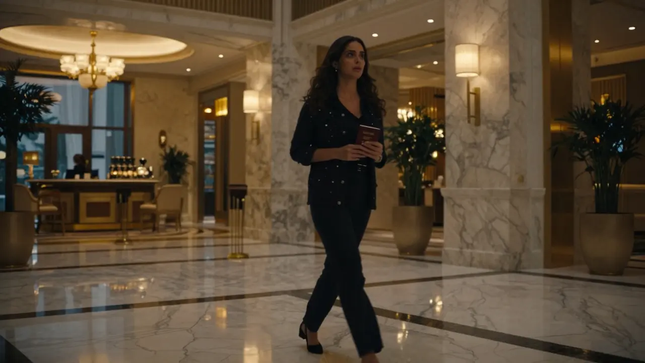 A woman walking hurriedly through a luxury Dubai hotel lobby, looking anxious and clutching her passport.