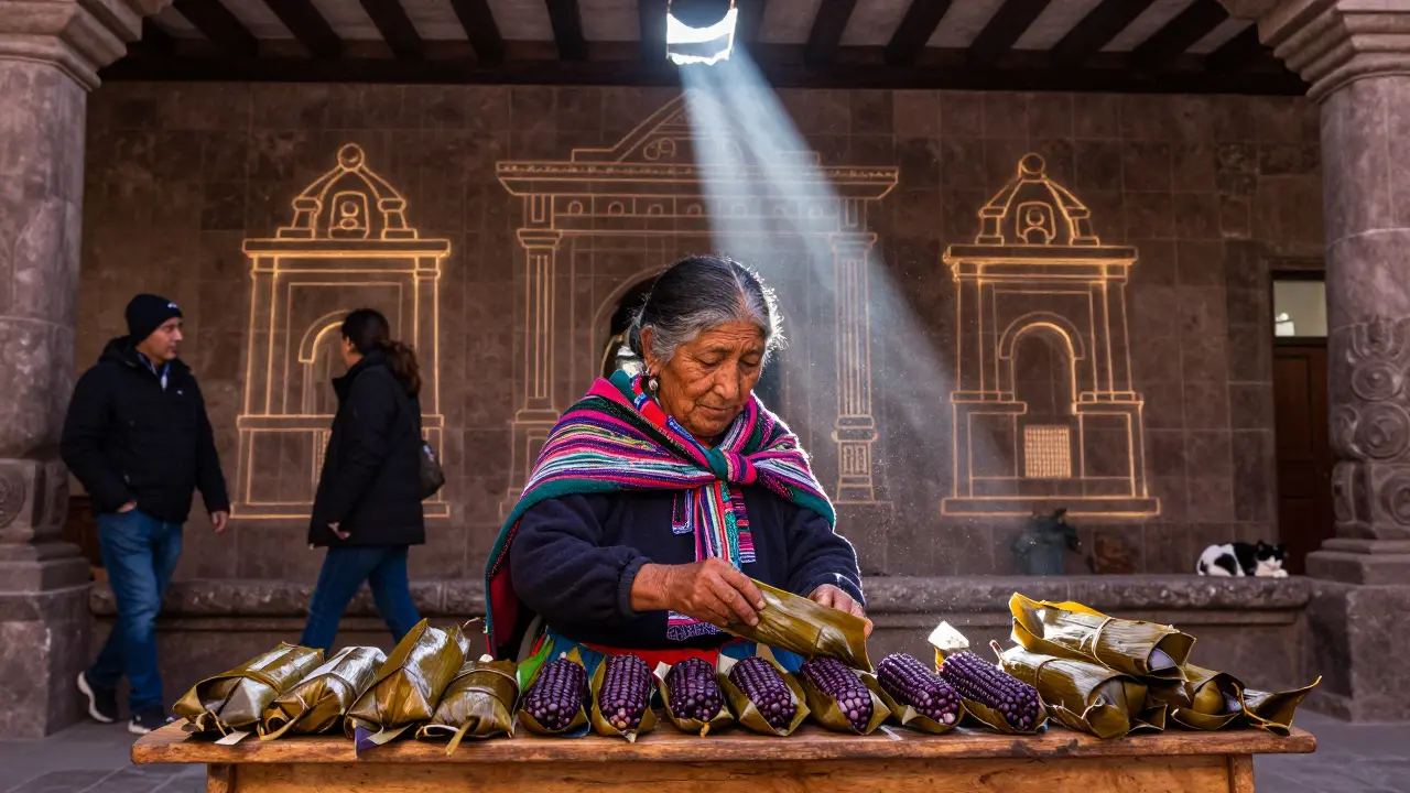 An elderly woman sells tamales in a Peruvian market, faint ancient stone patterns glowing beneath modern tiles in moonlight.