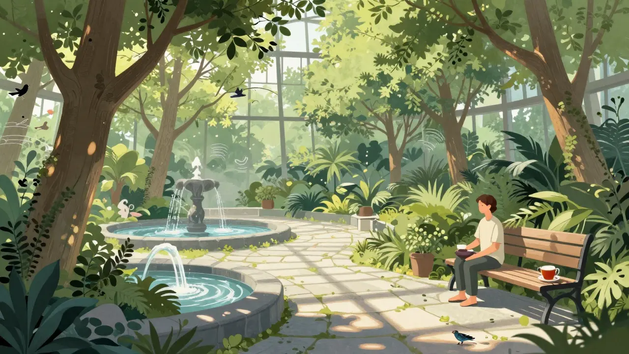 An indoor garden with trees, fountains, and stone paths, where someone relaxes with a cup of tea.