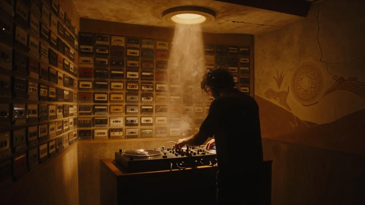 An underground room with vintage cassette tapes on the walls and a Soviet-era sound booth glowing softly, a DJ mixing music in shadow.